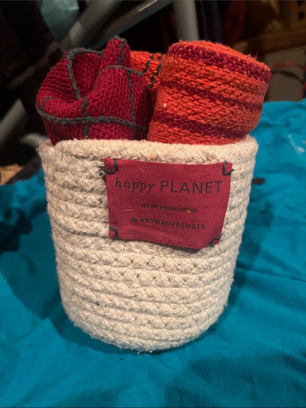 Anthropologie Cream Woven Rope Basket with Red Label